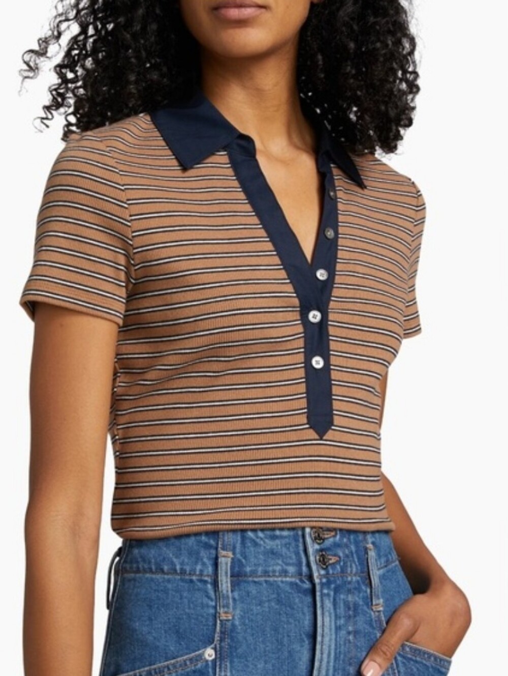 Veronica Beard Kearney Polo Top In Rib Knit Stripe